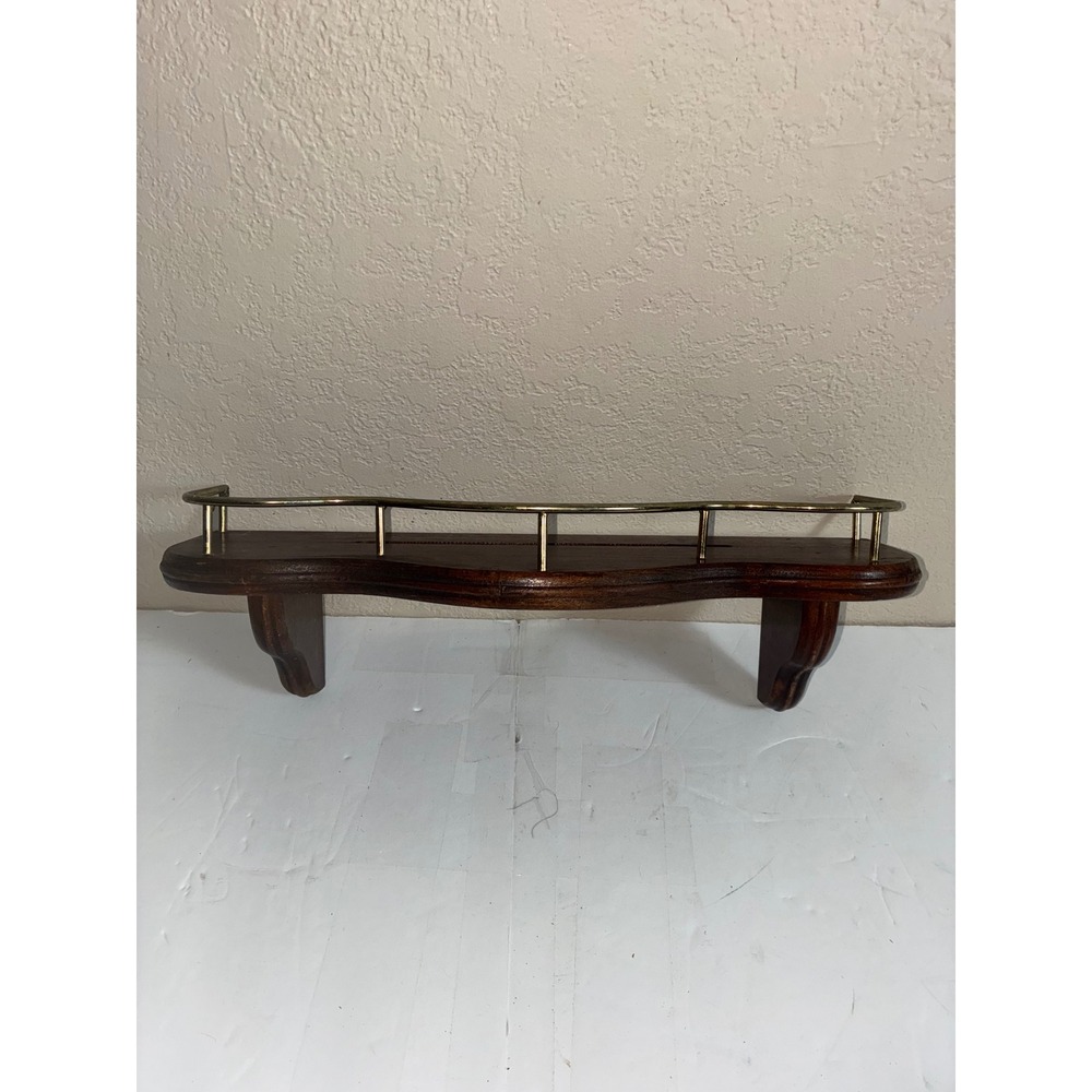 Vintage HOMCO Wood Wall Shelf 16" Brass Gallery Rail Plate Groove Rack Cherry